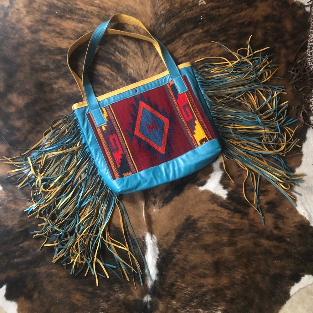 💥HP Leather & Navajo Aztec Wool Purse Long Fringe - Picture 7 of 8